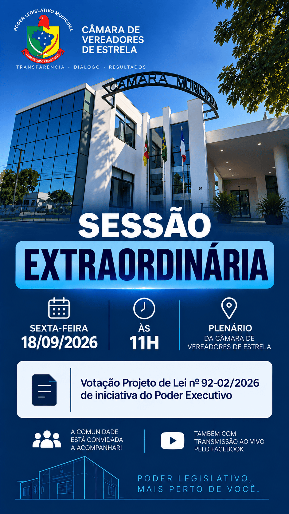 SESSÃO EXTRAORDINÁRIA - AMANHÃ, SEXTA-FEIRA (18).