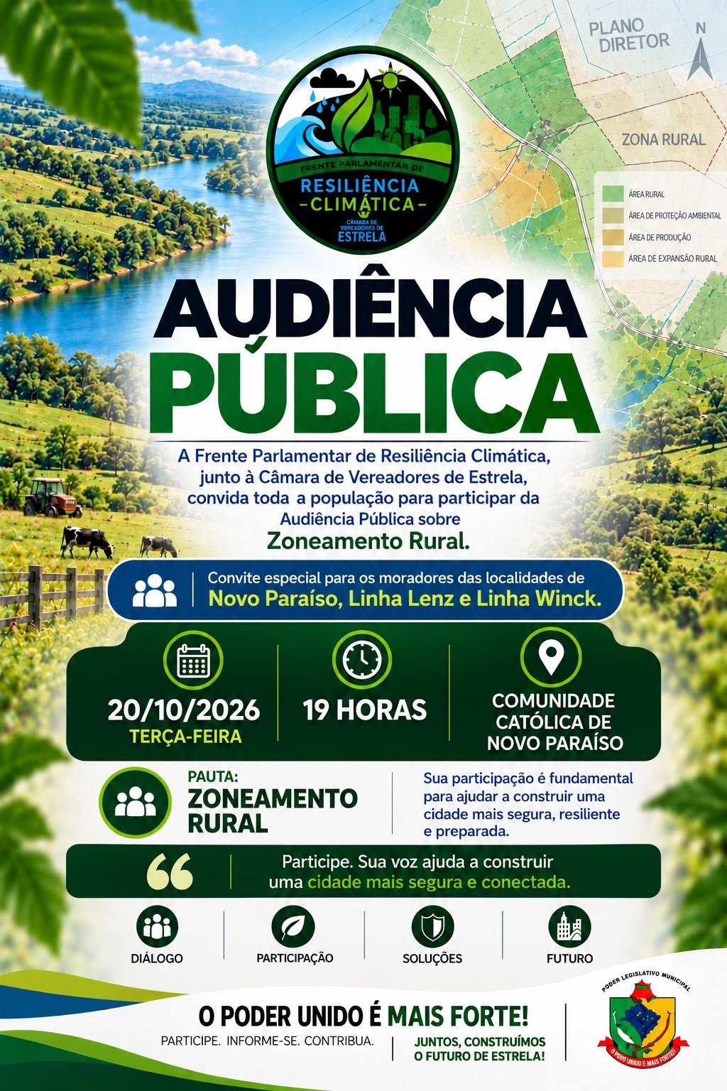 A Frente Parlamentar de Resiliência Climática, junto à Câmara de Vereadores de Estrela, convida toda a comunidade para participar da Audiência Pública sobre o Zoneamento Rural, um momento importante de diálogo, escuta e construção coletiva.