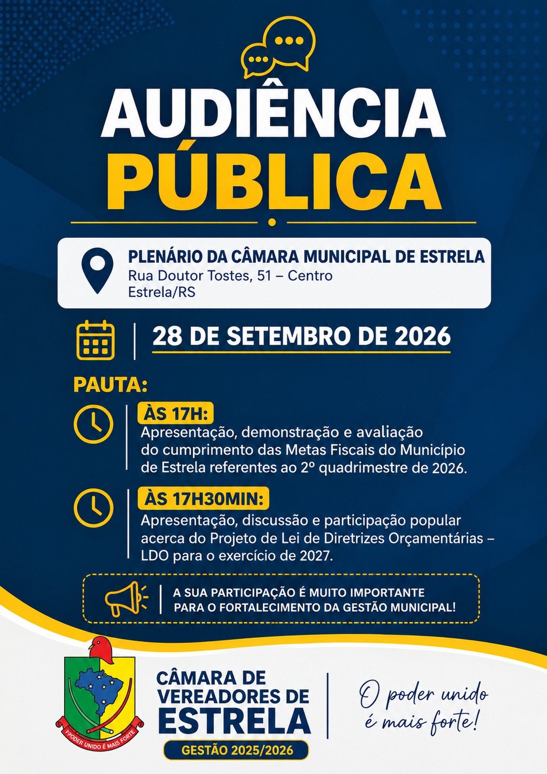 Câmara de Estrela realiza Audiência Pública nesta segunda-feira, 28 de setembro de 2016