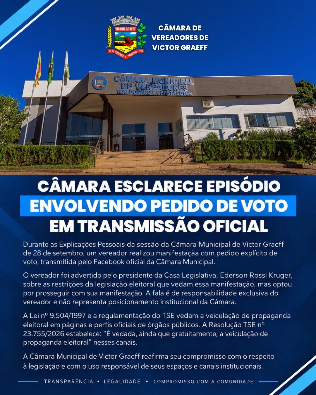 Nota informativa: Câmara de Vereadores esclarece episódio envolvendo pedido de voto feito por vereador em transmissão oficial