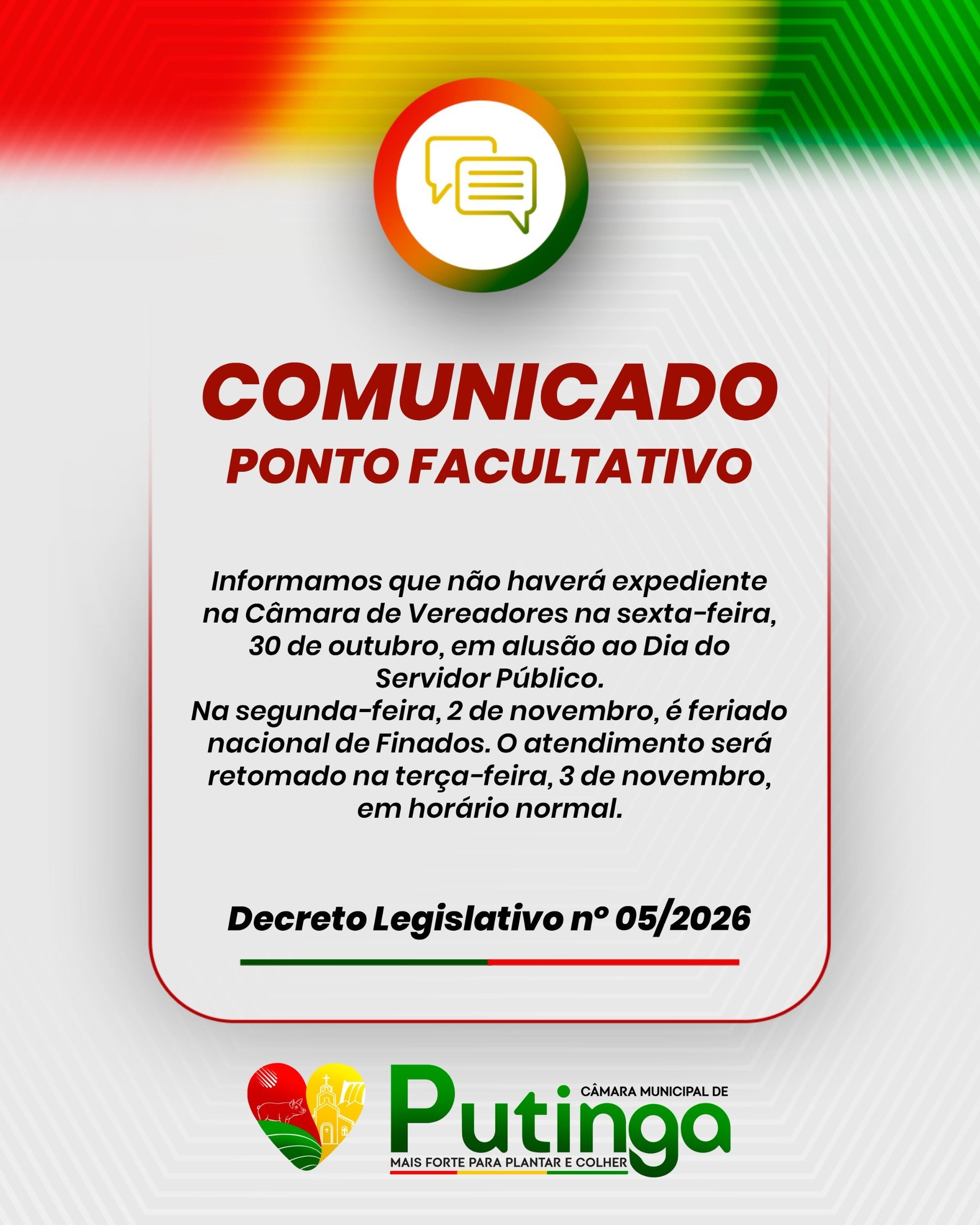 Câmara de Vereadores de Putinga terá ponto facultativo no dia 30 de outubro