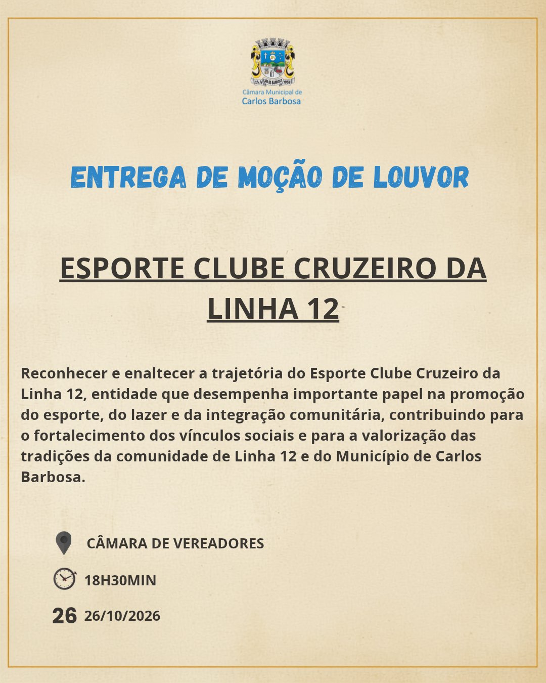 Câmara de Vereadores realizará entrega de Moção de Louvor ao Esporte Clube Cruzeiro