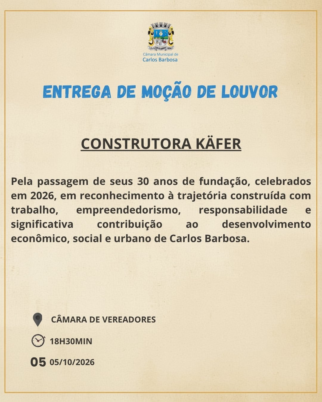 Construtora Käfer será homenageada pela Câmara de Carlos Barbosa pelos 30 anos de atuação