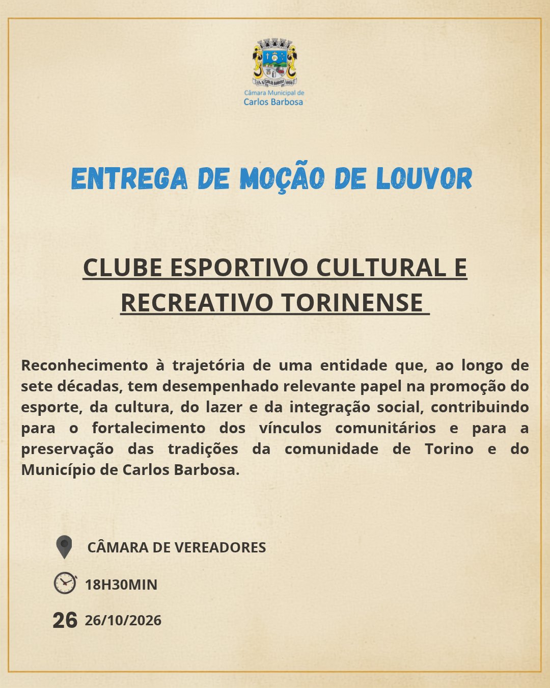 Câmara de Vereadores realizará entrega de Moção de Louvor ao Clube Esportivo Cultural e Recreativo Torinense