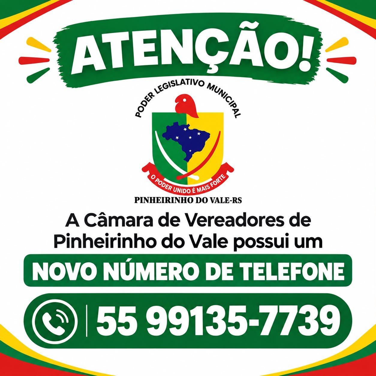 Câmara de Vereadores de Pinheirinho do Vale está com novo número de telefone e WhatsApp