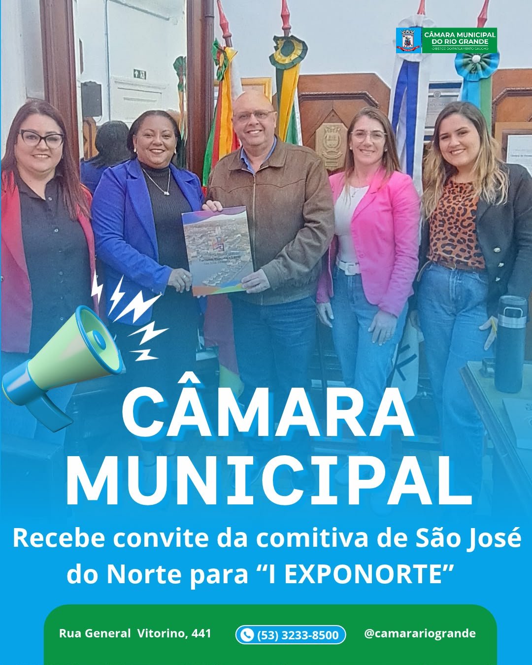 O presidente da Câmara Municipal do Rio Grande, vereador Rogério Gomes, recebeu uma comitiva de São José do Norte que esteve no Legislativo para convidar os vereadores e a comunidade rio-grandina a participar da I Exponorte 2026. O evento será realizado de 29 de outubro a 1º de novembro, com uma programação diversificada voltada à valorização da cultura, das tradições e das potencialidades do município.  A comitiva foi composta pela vice-prefeita de São José do Norte, Vanessa Oliveira; pela secretária municipal de Turismo, Daiane Pereira; pela secretária de Agricultura e Pesca, Caroline Pinheiro; e pela secretária-geral de Governo, Richelle da Matta.  A Exponorte tem como objetivo fortalecer a integração entre o poder público, as instituições, os produtores rurais, os pescadores artesanais, os empreendedores e a comunidade. A proposta é incentivar parcerias e políticas públicas que contribuam para o desenvolvimento sustentável de São José do Norte e região, promovendo oportunidades e valorizando as atividades econômicas e culturais locais.  A feira também marcará a abertura da safra da cebola, uma das importantes atividades econômicas do município. A programação prevê painéis temáticos, Encontro de Mulheres da Pesca, oficinas da Embrapa, atividades relacionadas à agricultura familiar, Seminário de Turismo, Encontro Pecuário, encontro de carros antigos e shows musicais.  A abertura oficial da I Exponorte 2026 está marcada para o dia 29 de outubro, às 20h, no palco principal. Ao longo de quatro dias, o evento reunirá diferentes segmentos da comunidade em uma programação que busca estimular o intercâmbio de conhecimentos, fortalecer os setores produtivos e valorizar a identidade de São José do Norte.  A Câmara Municipal do Rio Grande reforça o convite para que a comunidade prestigie o evento e participe desse momento de integração e valorização das riquezas de São José do Norte e região.