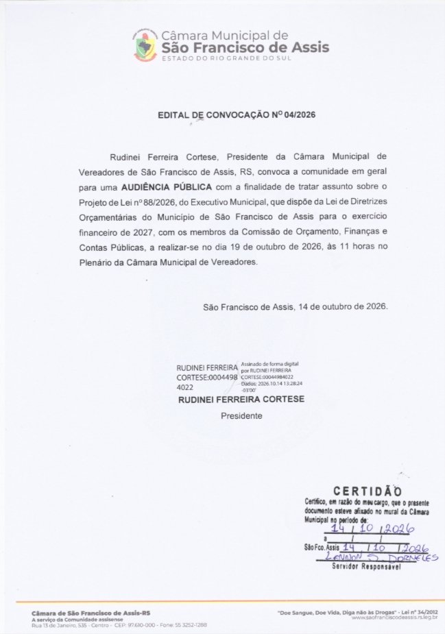 Câmara Municipal convoca Audiência Pública para discutir a Lei de Diretrizes Orçamentárias de 2027