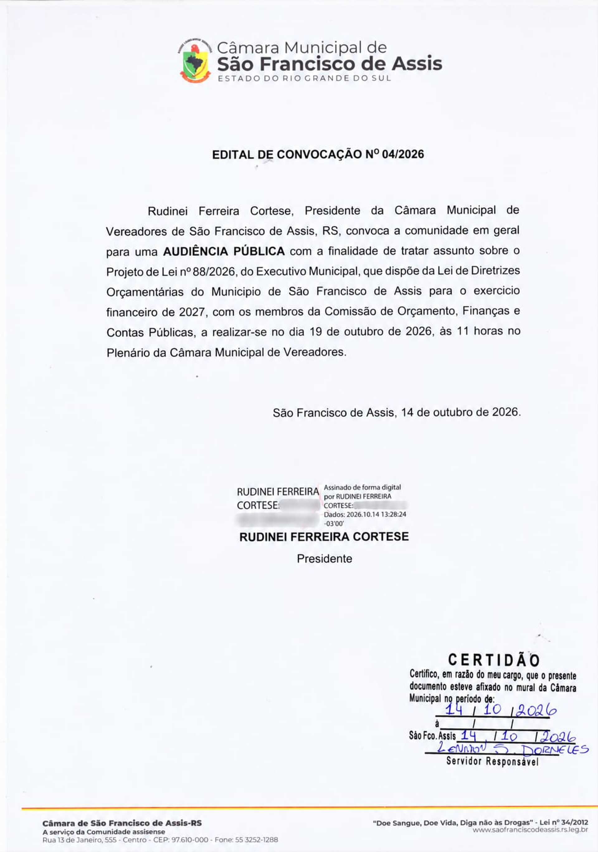 Câmara Municipal convoca Audiência Pública para discutir a Lei de Diretrizes Orçamentárias de 2027