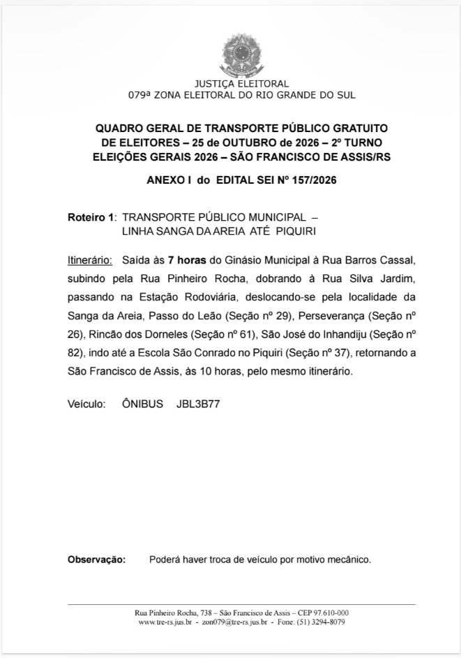 Câmara Municipal divulga roteiros de transporte gratuito para eleitores no 2º turno das Eleições 2026