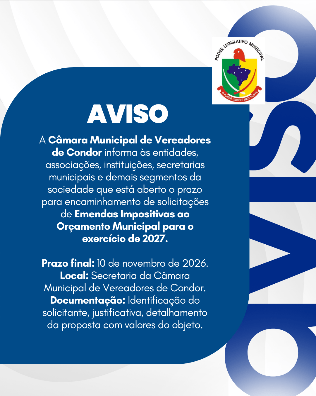 Câmara de Vereadores de Condor abre prazo para solicitações de Emendas Impositivas ao Orçamento de 2027